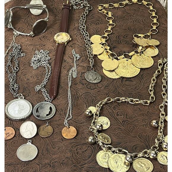Large Mixed Metals Coin Jewelry Lot 22 Necklaces Bracelets Pendants Watch Coins - Picture 1 of 15